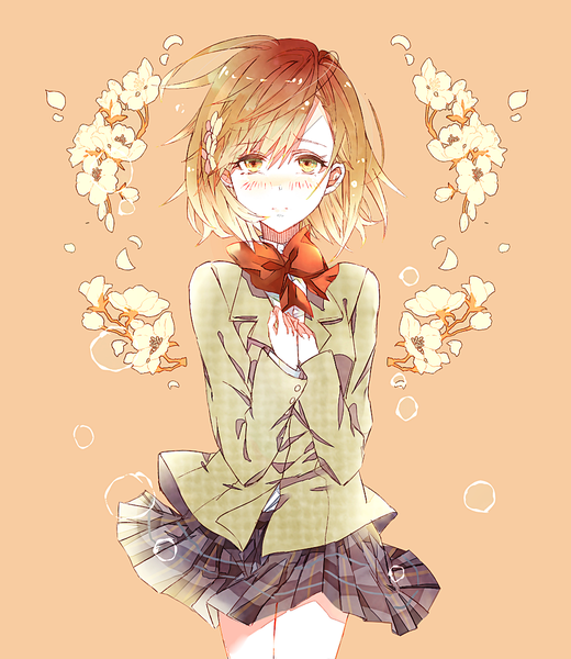 Anime picture 1000x1153 with original beyond (artist) tall image looking at viewer blush short hair brown hair brown eyes girl skirt flower (flowers) serafuku