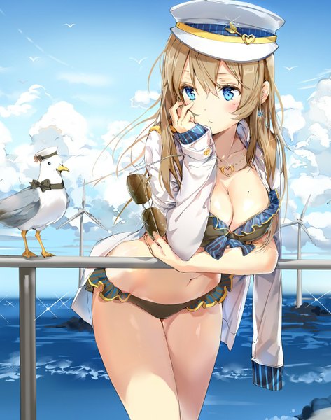 Anime picture 1097x1392 with tokyo 7th sisters alessandra susu anmi long hair tall image fringe breasts blue eyes light erotic brown hair large breasts standing holding looking away sky cloud (clouds) outdoors wind black eyes open clothes