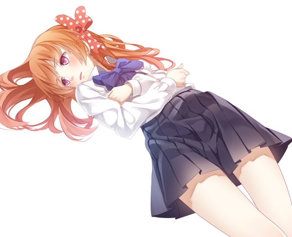 Anime picture 800x648 with gekkan shoujo nozaki-kun doga kobo sakura chiyo yasuno (airy light) single long hair blush fringe breasts simple background hair between eyes white background purple eyes payot looking away lying parted lips head tilt pleated skirt orange hair