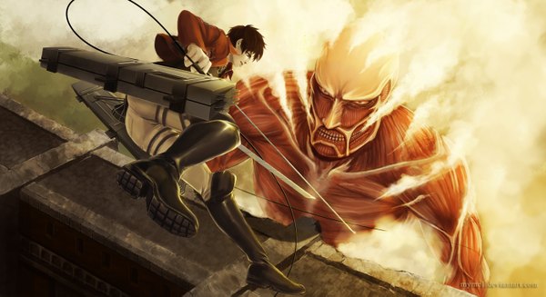 Anime picture 1400x763 with shingeki no kyojin production i.g eren yaeger bertolt hoover colossal titan myme1 short hair black hair wide image holding black eyes steam dual wielding battle giant boy weapon sword jacket boots