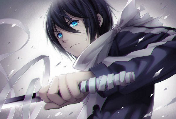 Anime picture 1223x833 with noragami studio bones yato (noragami) tidsean single looking at viewer short hair blue eyes black hair boy weapon sword jacket katana sarashi