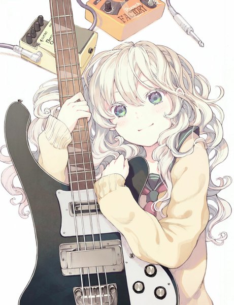 Anime picture 769x1000 with original shouichi taguchi single tall image looking at viewer simple background blonde hair smile white background holding wavy hair girl serafuku guitar