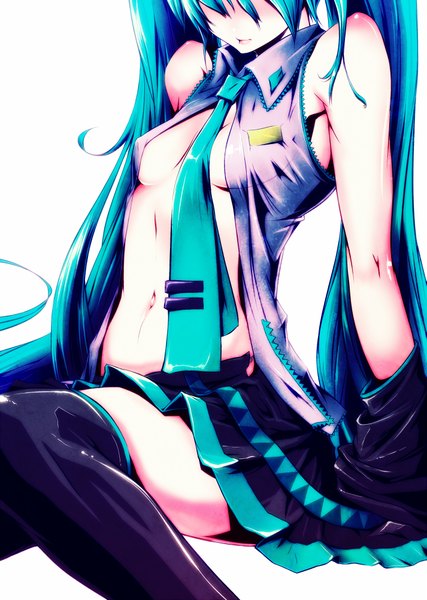 Anime picture 1425x2000 with vocaloid hatsune miku mubouou aasaa single long hair tall image breasts light erotic simple background white background sitting twintails bare shoulders pleated skirt aqua hair open clothes open skirt girl skirt navel