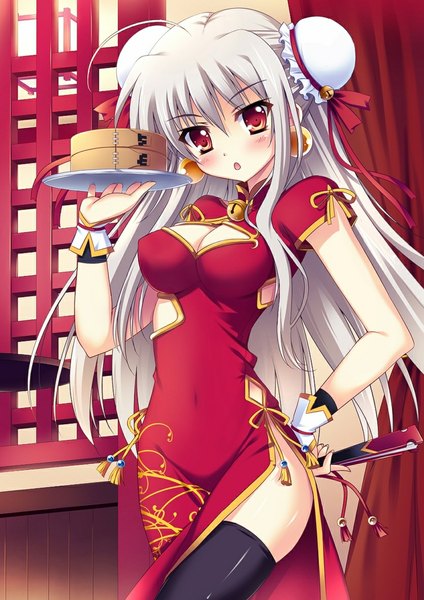Anime picture 835x1181 with original raiou single long hair tall image looking at viewer blush open mouth light erotic red eyes white hair hair bun (hair buns) chinese clothes girl thighhighs dress black thighhighs chinese dress bun cover closed fan