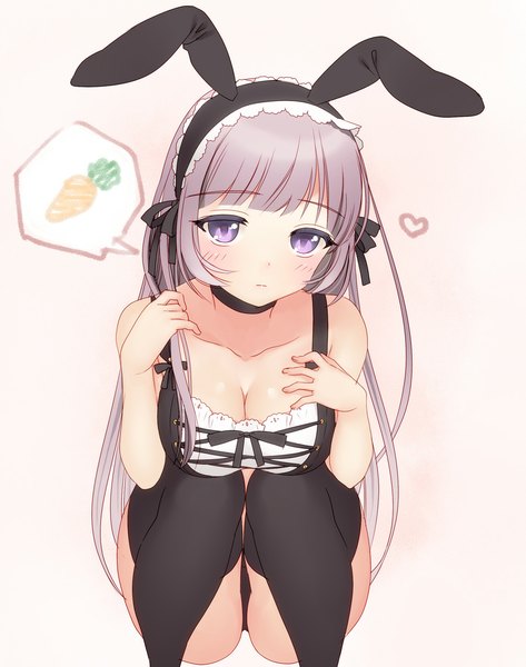 Anime picture 900x1142 with original piyodera mucha single long hair tall image light erotic purple eyes animal ears cleavage silver hair bunny ears girl thighhighs dress black thighhighs
