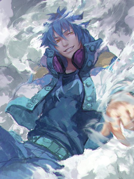 Anime picture 800x1067 with dramatical murder nitro+chiral aoba (dmmd) hangleing single long hair tall image fringe smile yellow eyes blue hair open clothes open jacket headphones around neck boy jacket headphones pants jeans blue jeans