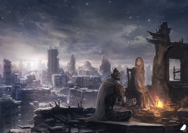 Anime picture 1200x848 with original you shimizu long hair brown hair sitting holding brown eyes signed looking away cloud (clouds) looking back night depth of field night sky city snowing winter snow cityscape ruins