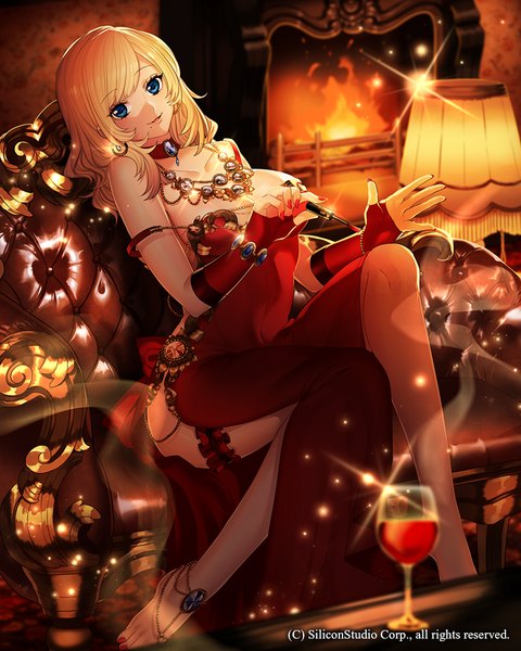 Anime picture 800x1000 with gyakushuu no fantasica katagiri hachigou single long hair tall image looking at viewer blue eyes light erotic blonde hair sitting girl dress frills pendant couch lamp wine glass fireplace