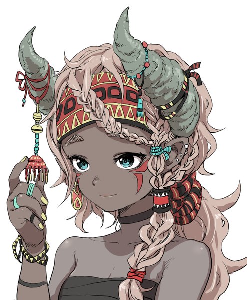 Anime picture 1280x1554 with original yamamoto souichirou single long hair tall image blue eyes simple background blonde hair smile white background sitting bare shoulders looking away upper body braid (braids) horn (horns) pointy ears piercing dark skin single braid