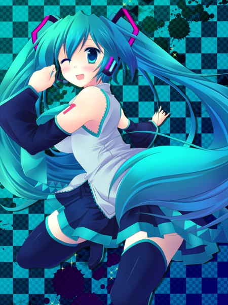 Anime picture 1500x2000 with vocaloid hatsune miku aosora (artist) single tall image blush open mouth twintails very long hair one eye closed aqua eyes wink aqua hair checkered background girl thighhighs black thighhighs miniskirt headphones