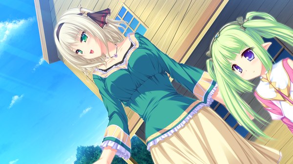 Anime picture 1920x1080 with ryuuyoku no melodia cynthia orlando tenmaso long hair highres short hair blue eyes wide image twintails multiple girls green eyes game cg white hair green hair pointy ears loli girl dress 2 girls hairband