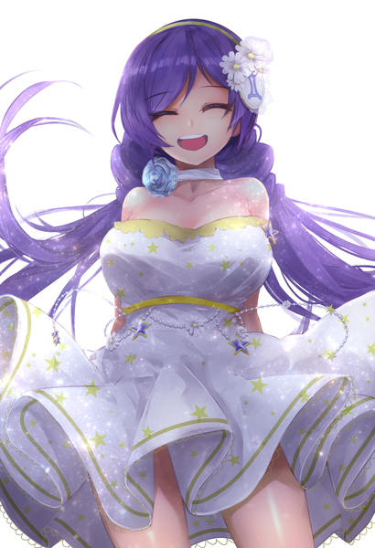 Anime picture 1140x1670 with love live! school idol project sunrise (studio) love live! toujou nozomi orein single long hair tall image blush fringe breasts open mouth simple background smile hair between eyes standing white background twintails bare shoulders eyes closed