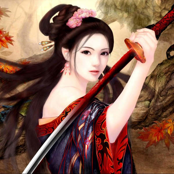 Anime picture 1024x1024 with original yamato nadeshiko single long hair brown hair brown eyes very long hair japanese clothes hair flower realistic off shoulder girl hair ornament earrings sword kimono leaf (leaves) hairpin (hairpins) open kimono