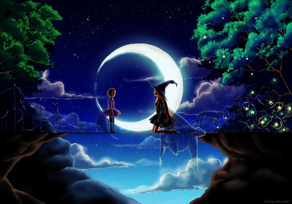 Anime picture 1280x897 with original chibionpu long hair highres short hair brown hair standing multiple girls sky cloud (clouds) profile night night sky kneeling face to face crescent girl dress 2 girls plant (plants)