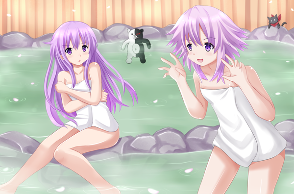 Anime picture 1900x1255 with dangan ronpa choujigen game neptune nichijou kyoto animation monokuma neptune (choujigen game neptune) nepgear sakamoto (nichijou) kazenokaze long hair highres short hair open mouth light erotic sitting purple eyes multiple girls purple hair crossover naked towel