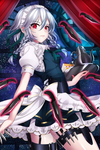 Anime picture 600x901 with touhou izayoi sakuya kagami com single tall image looking at viewer blush fringe short hair breasts hair between eyes red eyes standing holding payot silver hair indoors braid (braids) looking back lips