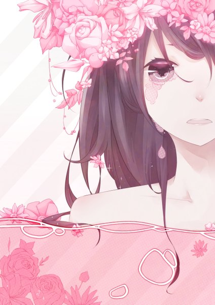Anime picture 2000x2827 with original sekiyu long hair tall image highres open mouth brown hair bare shoulders hair flower black eyes tears striped pink background striped background girl hair ornament flower (flowers) rose (roses) wreath pink rose