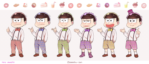 Anime picture 1500x650 with osomatsu-san matsuno osomatsu matsuno karamatsu matsuno ichimatsu matsuno choromatsu matsuno todomatsu matsuno juushimatsu mery (yangmalgage) short hair open mouth black hair smile wide image signed looking away full body :d multiple boys copyright name hand in pocket