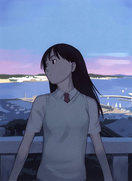 Anime picture 1458x2000 with takamichi single tall image black hair looking away sky black eyes evening sunset girl uniform school uniform sea