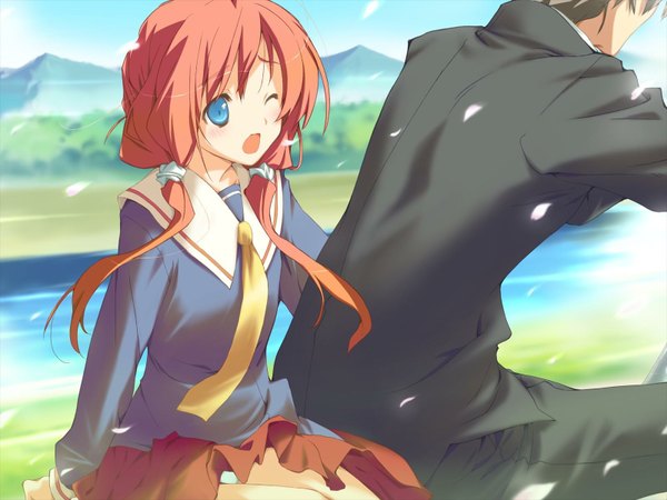 Anime picture 1600x1200 with happy margaret amagahara inaho kokonoka long hair blush open mouth blue eyes game cg red hair one eye closed wink girl boy uniform school uniform petals necktie gakuran