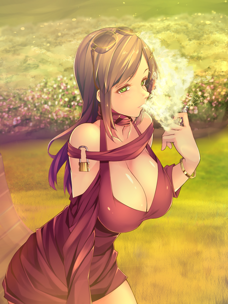 Anime picture 1500x2000 with original bonkiru single long hair tall image breasts light erotic brown hair large breasts sitting green eyes payot looking away cleavage outdoors off shoulder huge breasts smoke sunglasses on head halterneck