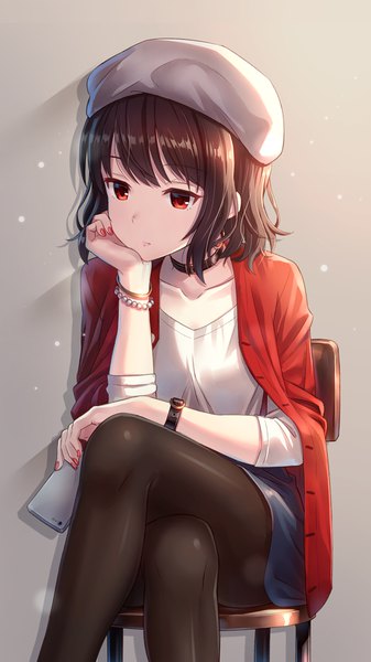 Anime picture 750x1334 with original hyuuga azuri single tall image fringe short hair simple background red eyes brown hair sitting looking away nail polish grey background crossed legs clothes on shoulders chin rest girl pantyhose choker bracelet