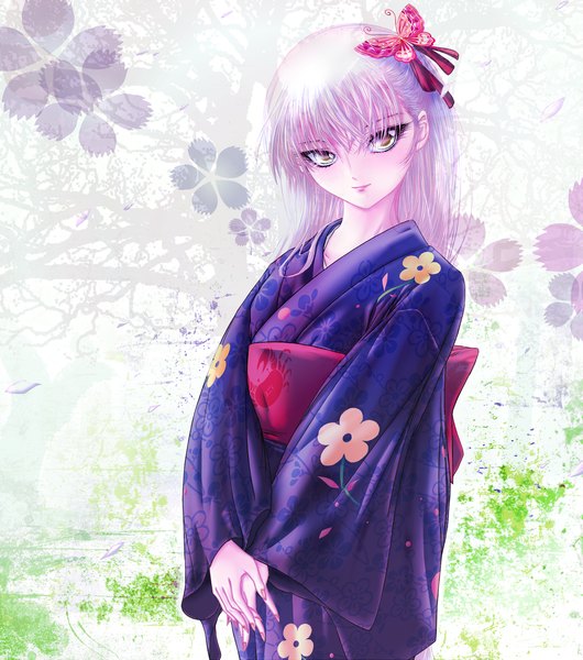 Anime picture 1800x2037 with auge (akd) single long hair tall image highres yellow eyes white hair japanese clothes girl hair ornament belt kimono insect butterfly butterfly hair ornament