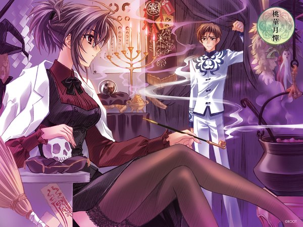 Anime picture 1280x960 with touka gettan kamiazuma haruhiko houjou misuzu carnelian short hair light erotic red eyes brown hair purple hair indoors crossed legs smoke sweatdrop clothes on shoulders smoking folded ponytail girl thighhighs boy black thighhighs