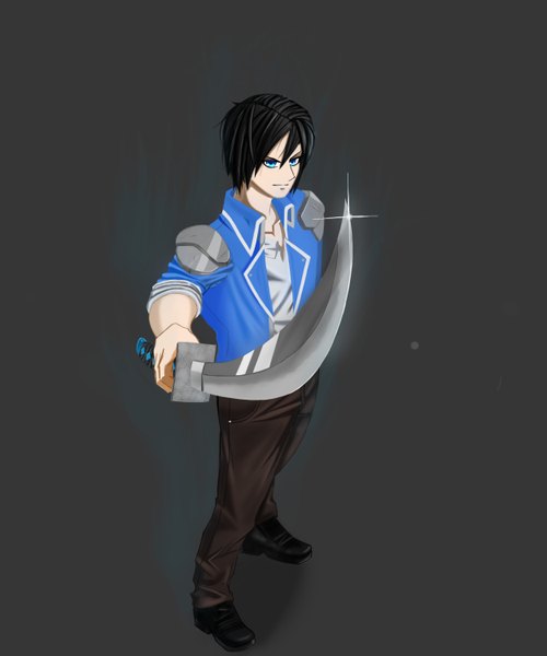 Anime picture 2500x3000 with original air monger single tall image highres blue eyes black hair smile standing holding grey background outstretched arm smirk aura boy weapon sword shoes katana pants