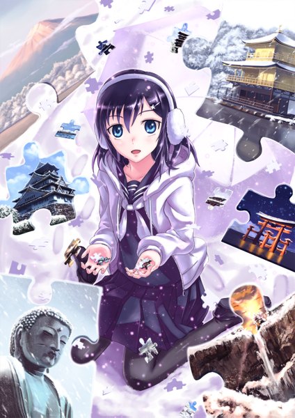 Anime picture 1000x1415 with original shingo (picturepuzzle) single long hair tall image blue eyes purple hair from above dutch angle snowing winter girl skirt miniskirt serafuku jacket headphones snowflake (snowflakes) earmuffs puzzle
