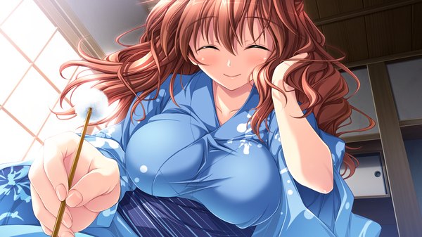 Anime picture 1280x720 with shiawase kazokubu purple software furuike ougi tsukimori hiro long hair smile brown hair wide image game cg eyes closed japanese clothes girl kimono obi