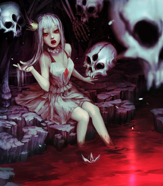 Anime picture 2736x3112 with original genki-de long hair tall image highres open mouth red eyes sitting white hair teeth fang (fangs) soaking feet girl dress choker white dress tongue blood crown skull