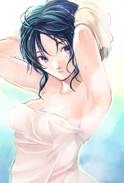 Anime picture 1378x2039 with original ri-ko (artist) single long hair tall image looking at viewer breasts light erotic standing purple eyes bare shoulders blue hair wet steam naked towel girl water drop towel
