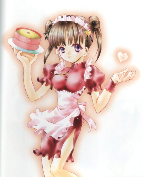 Anime picture 2438x3016 with peach-pit single tall image highres short hair brown hair white background purple eyes light smile scan chinese clothes waitress girl heart apron bonnet chinese dress tray