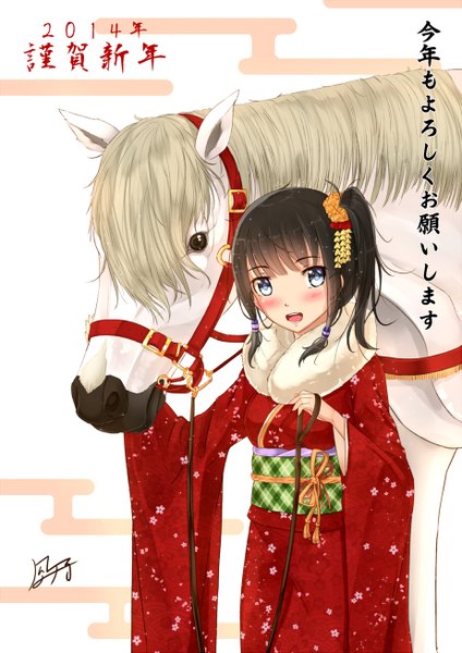 Anime picture 924x1308 with original kazeno long hair tall image blush open mouth blue eyes black hair traditional clothes japanese clothes new year happy new year nengajou 2014 girl hair ornament animal kimono fur-trimmed kimono horse