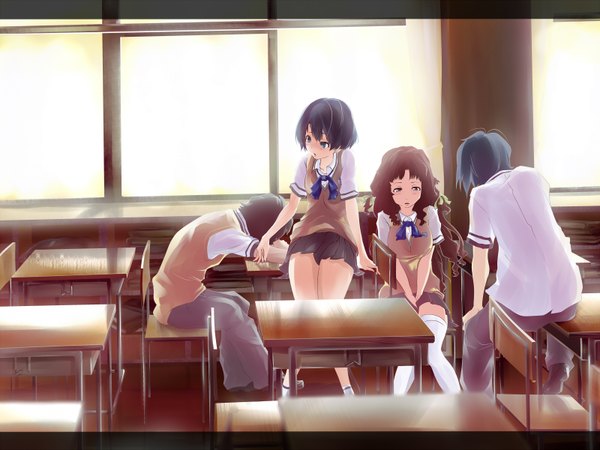 Anime picture 1600x1200 with ano natsu de matteru j.c. staff tanigawa kanna kitahara mio kirishima kaito long hair blush short hair blue eyes black hair brown hair sitting multiple girls brown eyes multiple boys girl thighhighs boy uniform 2 girls