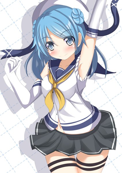 Anime picture 744x1052 with kantai collection urakaze destroyer aruka (alka p1) single long hair tall image looking at viewer blush blue eyes smile blue hair girl skirt gloves elbow gloves white gloves sailor suit