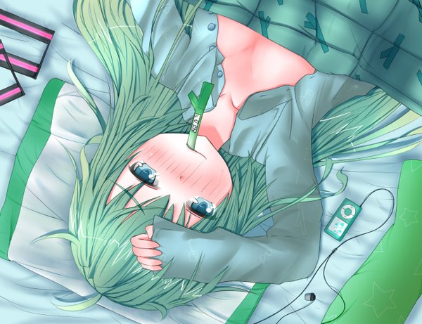 Anime picture 1300x1000 with vocaloid ipod hatsune miku kd (artist) single long hair blush blue eyes light erotic lying green hair open clothes open shirt mouth hold sick girl headphones thermometer