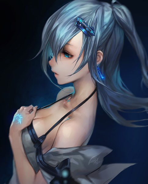 Anime picture 971x1200 with original icy (character) luen kulo single long hair tall image blush breasts open mouth blue eyes bare shoulders blue hair looking away cleavage profile one side up glowing hand on chest girl earrings