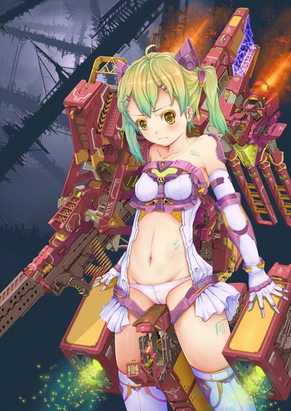 Anime picture 1480x2092 with original fangxiang cuoluan single long hair tall image blush short hair light erotic twintails yellow eyes green hair mechanical girl gloves navel underwear panties weapon elbow gloves gun