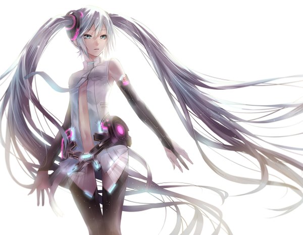 Anime picture 1209x940 with vocaloid vocaloid append hatsune miku hatsune miku (append) applekun single blue eyes light erotic white background twintails blue hair looking away very long hair girl navel hair ornament detached sleeves necktie