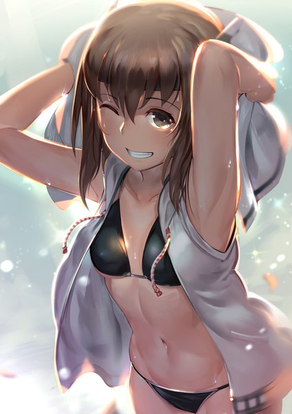 Anime picture 1414x2000 with kantai collection taihou armored aircraft carrier donarudo single tall image fringe short hair light erotic smile hair between eyes brown hair holding brown eyes one eye closed from above blurry teeth wet sleeveless groin