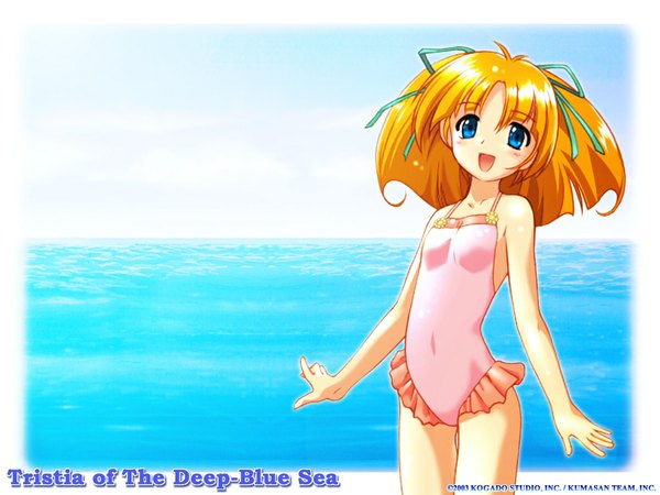 Anime picture 1024x768 with aoi umi no tristia deep-blue series nene hampden komatsu eiji single looking at viewer blush fringe short hair open mouth blue eyes blonde hair bare shoulders sky inscription happy girl ribbon (ribbons) swimsuit hair ribbon