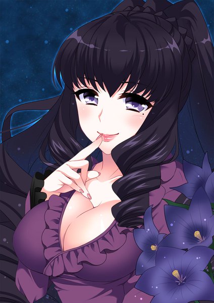 Anime picture 1000x1414 with mahouka koukou no rettousei yotsuba maya poyamu (artist) single long hair tall image looking at viewer blush fringe breasts light erotic black hair smile hair between eyes large breasts sitting purple eyes upper body ponytail long sleeves