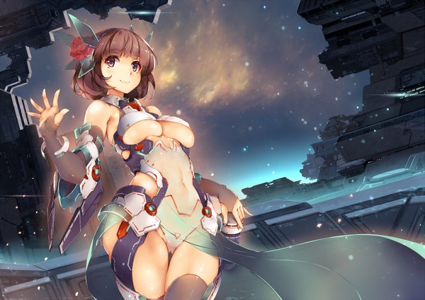 Anime picture 1697x1200 with original windforcelan single blush fringe short hair breasts light erotic red eyes brown hair large breasts standing looking away cloud (clouds) outdoors hair flower light smile wind night sparkle