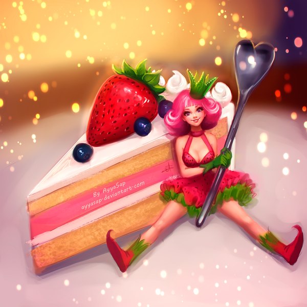 Anime picture 2000x2000 with ayyasap single looking at viewer highres short hair smile pink hair pink eyes lips realistic spread legs girl dress gloves food sweets berry (berries) cake strawberry spoon