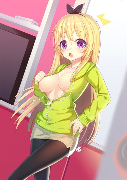 Anime picture 1000x1420 with original ririko (zhuoyandesailaer) single long hair tall image fringe breasts light erotic blonde hair standing purple eyes indoors open clothes open jacket embarrassed surprised girl skirt miniskirt pantyhose