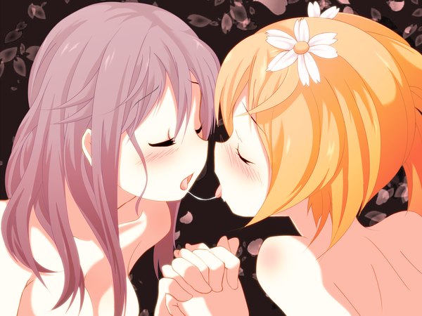 Anime picture 2400x1800 with sakura trick studio deen takayama haruka sonoda yuu long hair blush highres short hair breasts open mouth blonde hair large breasts twintails bare shoulders multiple girls pink hair eyes closed hair flower couple holding hands