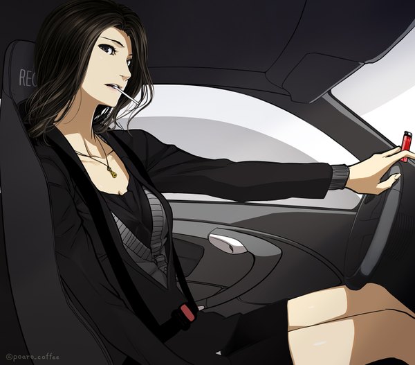 Anime picture 1480x1300 with original poaro single long hair black hair sitting black eyes car interior girl animal pendant ground vehicle car lighter