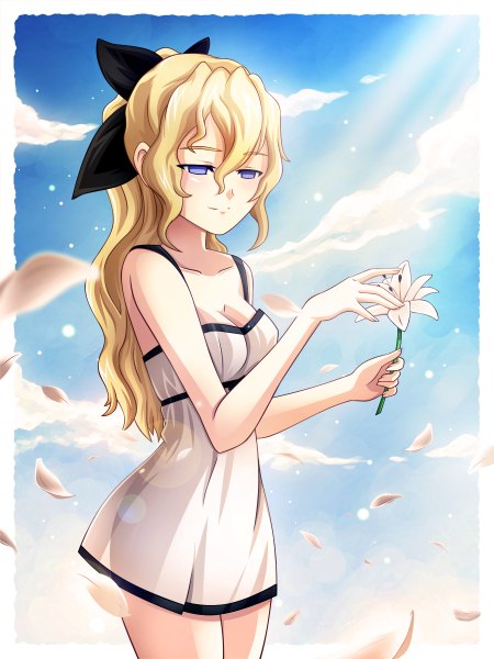 Anime picture 900x1200 with katawa shoujo satou lilly scott bennett dmy-gfx single long hair tall image blue eyes blonde hair bare shoulders sky cloud (clouds) ponytail light smile looking down framed girl dress flower (flowers) bow